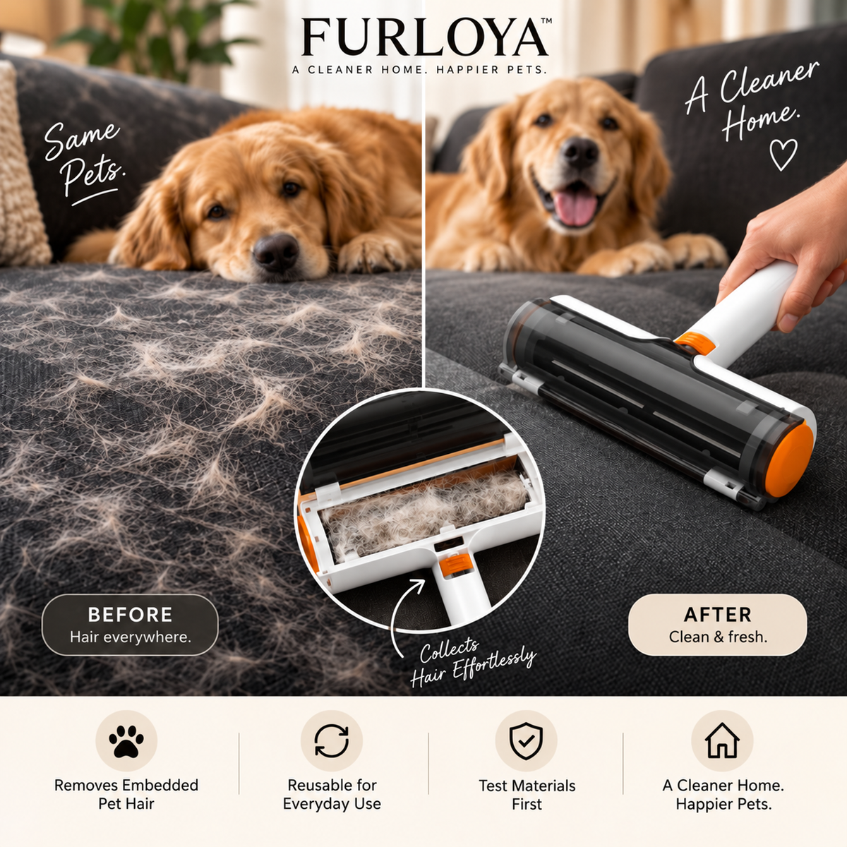 Pet hair on a sofa before and after using the main roller