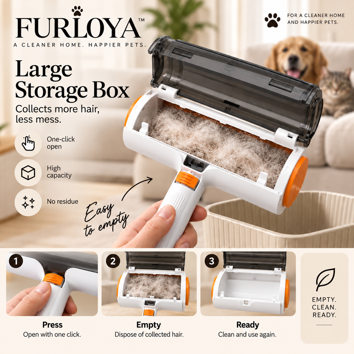 Main pet hair roller with its collection compartment open