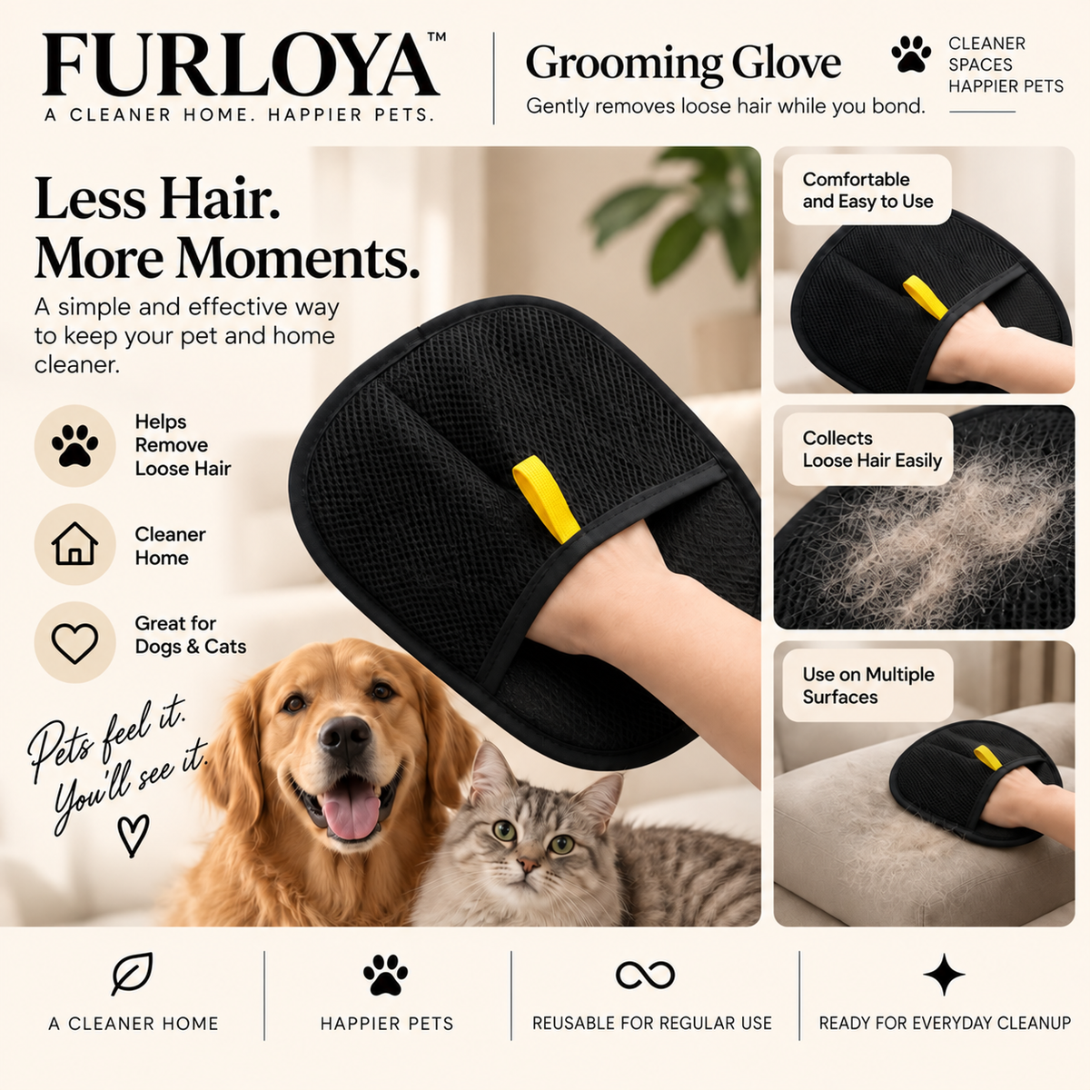 Black grooming mitt used to collect loose pet hair